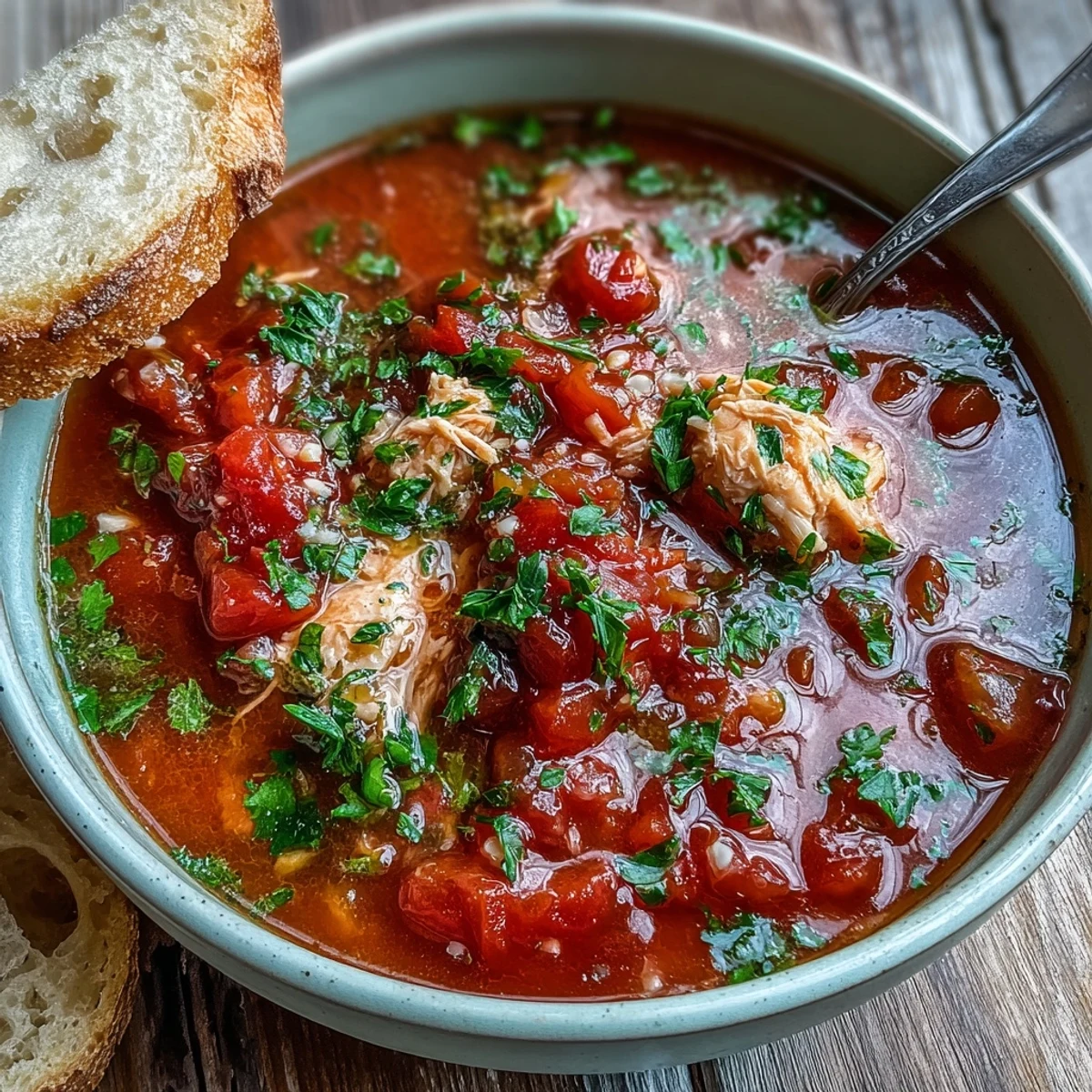A bowl of homemade Tuna and Tomato Soup garnished with fresh parsley, served alongside crusty bread for dipping.