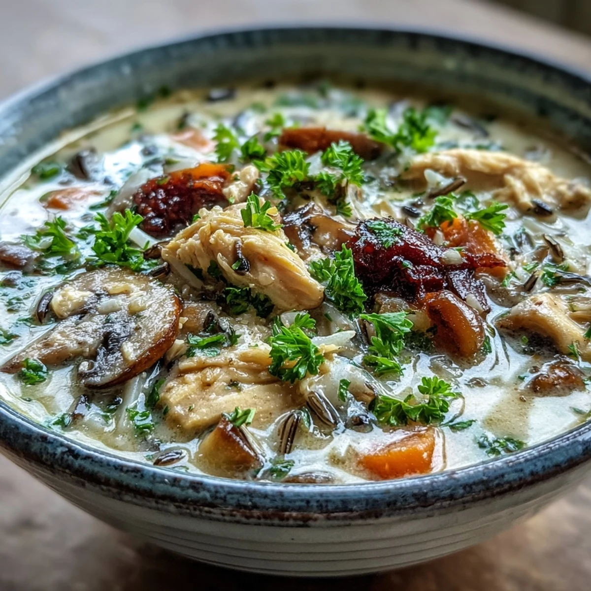 Creamy Parmesan Mushroom Chicken and Wild Rice Soup steaming in a rustic bowl garnished with fresh parsley.