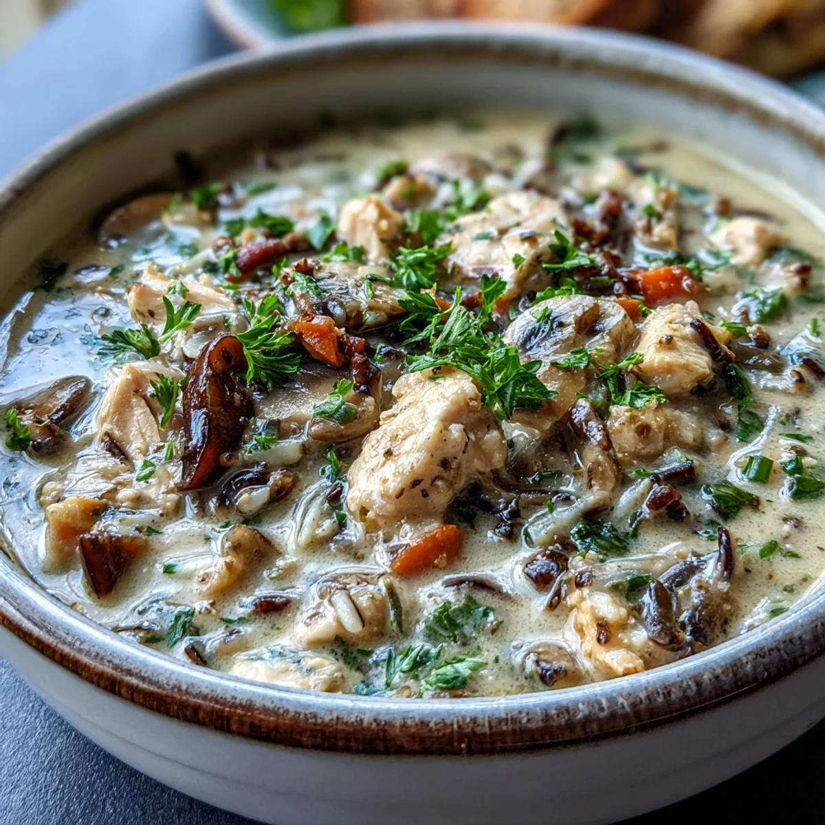 A hearty bowl of Parmesan Mushroom Chicken and Wild Rice Soup with crusty bread for dipping on the side.