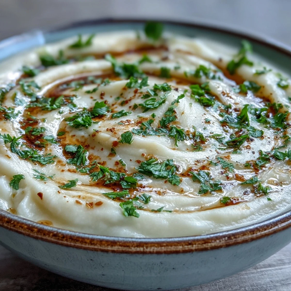 Rich White Bean and Parmesan Soup ladled into a rustic ceramic bowl, garnished with a drizzle of olive oil.