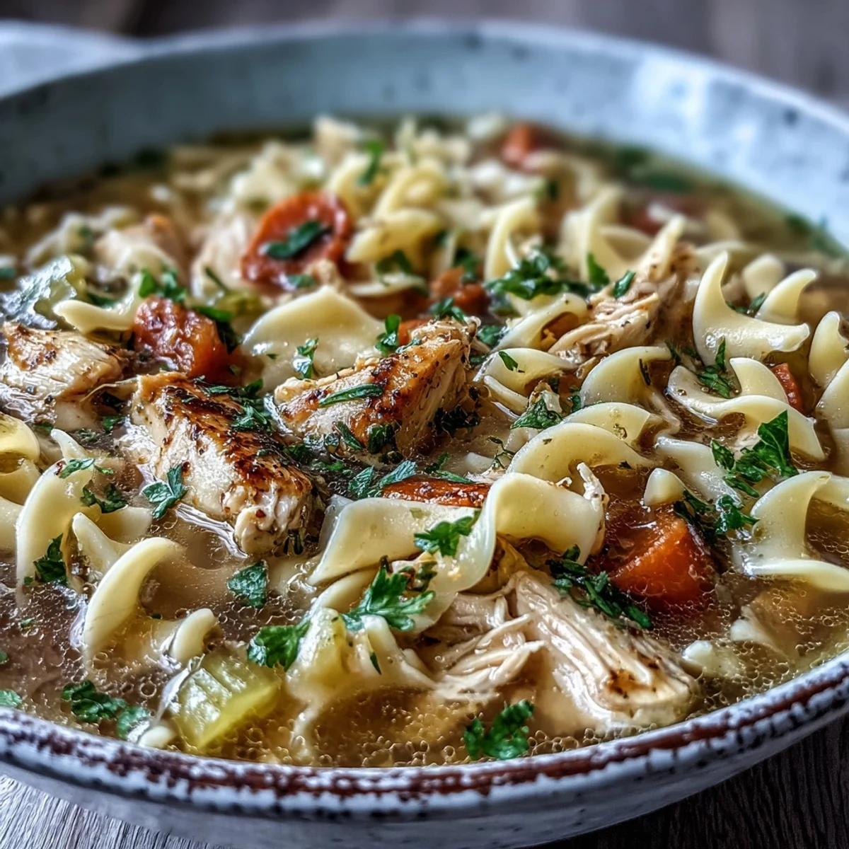 A close-up of homemade Chicken Noodle Soup, featuring wide egg noodles and fresh parsley garnish on top.