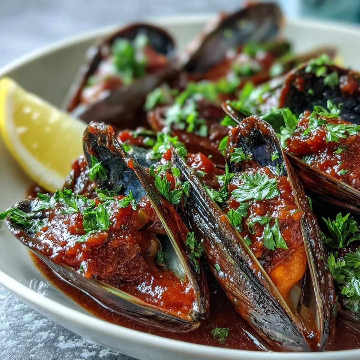 Freshly steamed Smoky Mussels Pomodoro served warm in a shallow bowl, ready to be enjoyed with crusty bread.