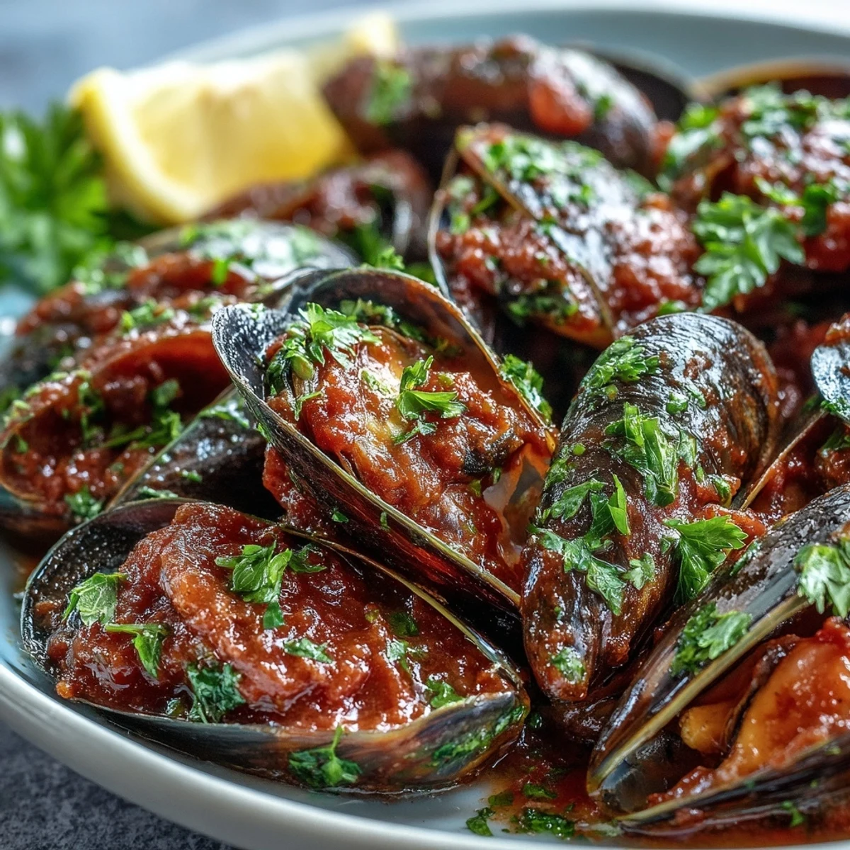 A bubbling skillet of Smoky Mussels Pomodoro featuring vibrant tomato sauce and garlic, perfect for a quick seafood dinner.