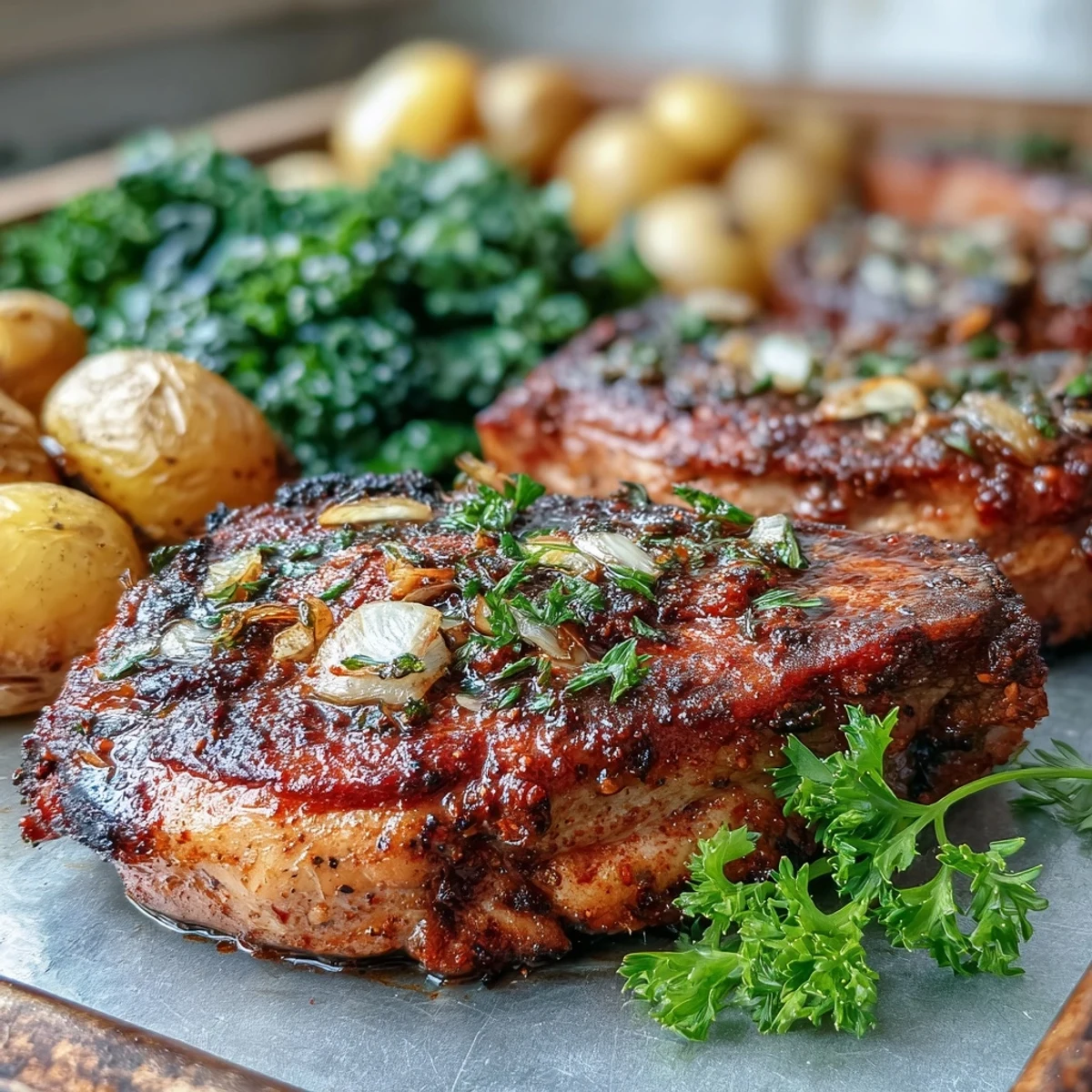 Aleppo Pork Chops with Potatoes and Greens roasted on a single sheet pan with golden potatoes and wilted greens. 