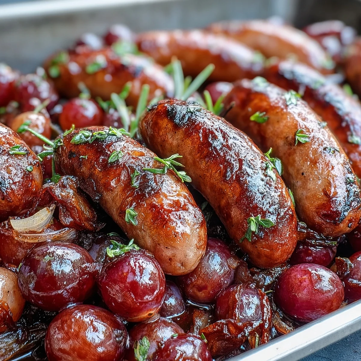 Juicy Italian sausages nestled among sweet, blistered red grapes and onions, a savory-sweet one-pan meal perfect for busy weeknights.