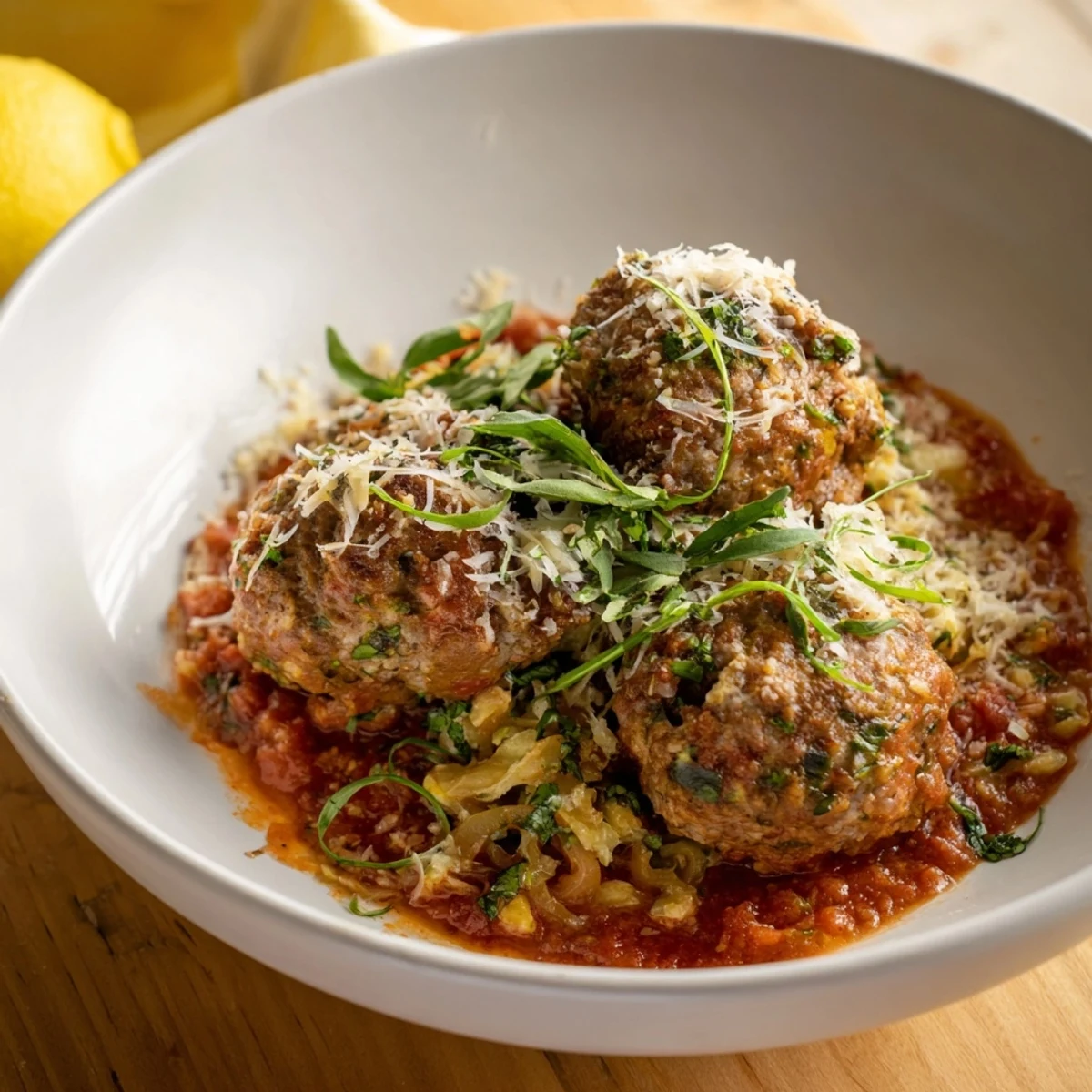 Instant Pot Greek-Style Meatballs, simmering in crushed tomatoes, topped with creamy lemon-feta sauce.