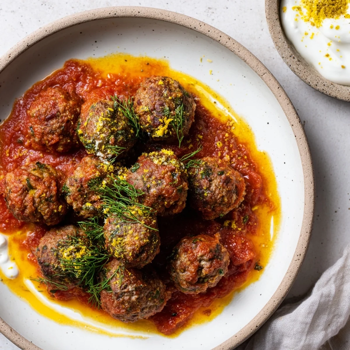A close-up of tender Instant Pot Greek-Style Meatballs with a dollop of tangy lemon-feta sauce.