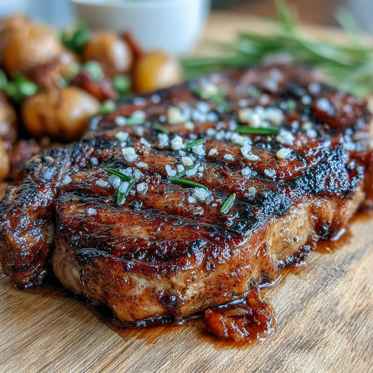 Perfectly grilled bone-in rib eye steak rests beside charred asparagus and buttered potatoes. 