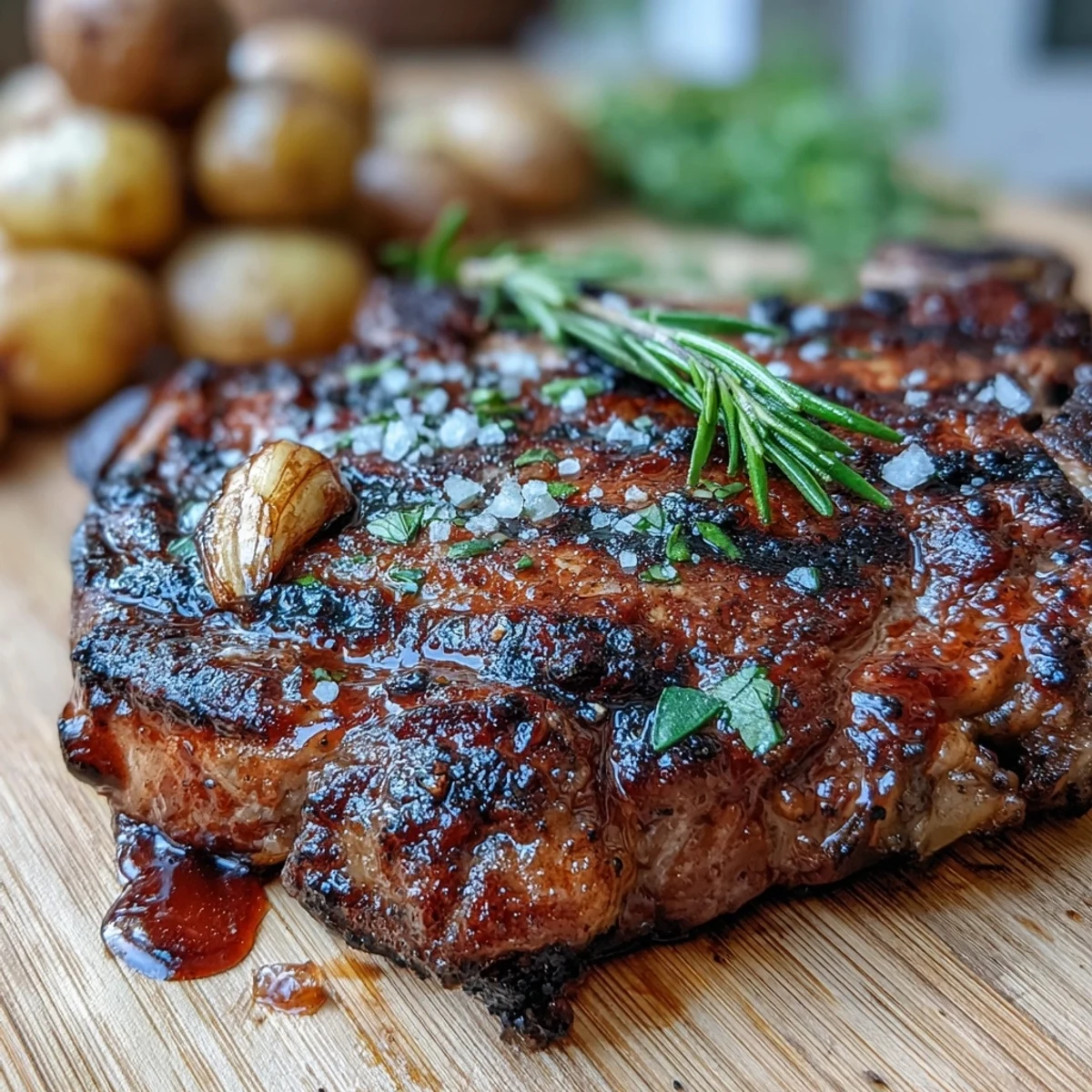 Fresh rosemary and smashed garlic infuse the juicy rib eye steak with aromatic flavor. 