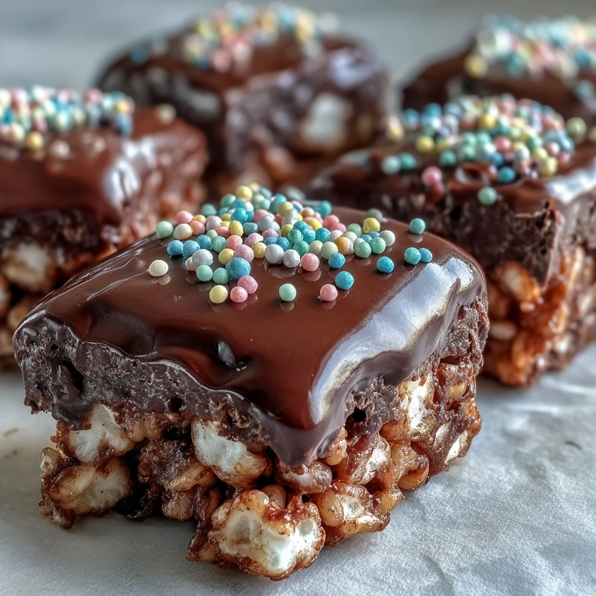 Golden squares of Chocolate Covered Rice Krispy Treats topped with rainbow sprinkles, ready to serve at a backyard party.
