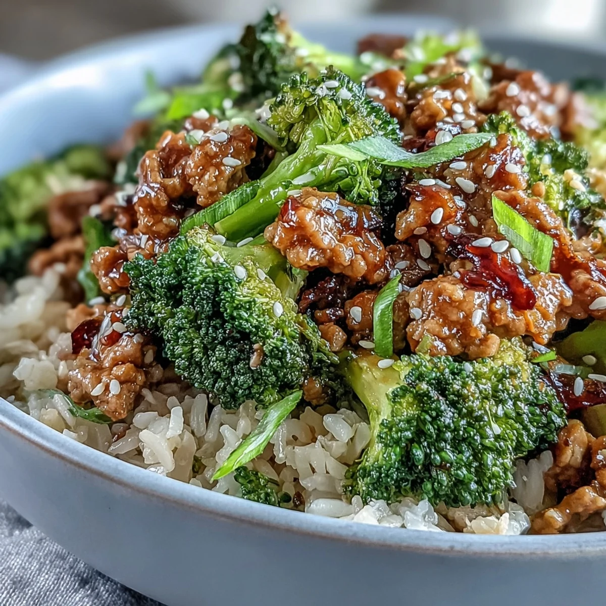 The bowl features steamed broccoli florets and nutty brown rice topped with ground turkey coated in a glossy, fiery honey-sriracha glaze and finished with sesame seeds and green onion.