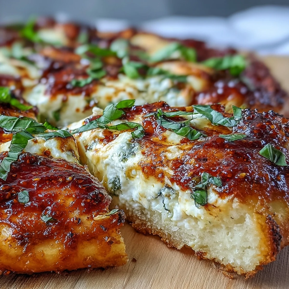 Golden-brown, fluffy crust of Hot Honey Ricotta Pizza topped with creamy ricotta and bubbling mozzarella. 