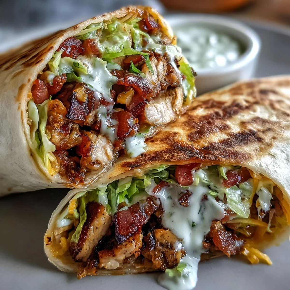 Golden-brown Crispy Chicken Bacon Wrap sliced in half, revealing layers of bacon, chicken, lettuce, tomato, and cheese.