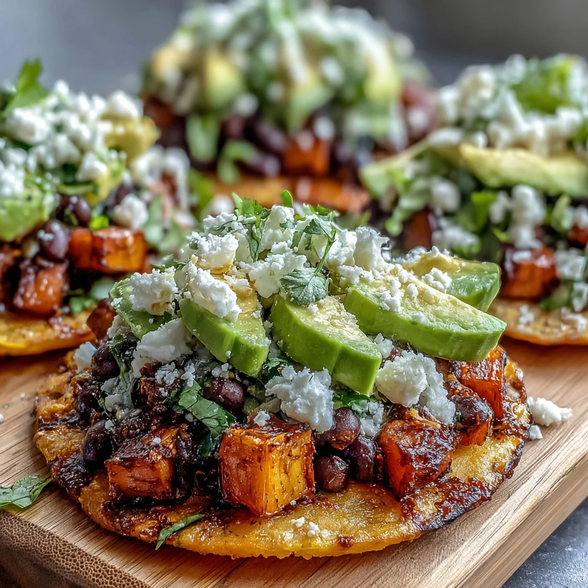 Crispy tostada shells hold smoky, caramelized Black Bean and Sweet Potato Tostadas with creamy avocado and crumbled feta. 