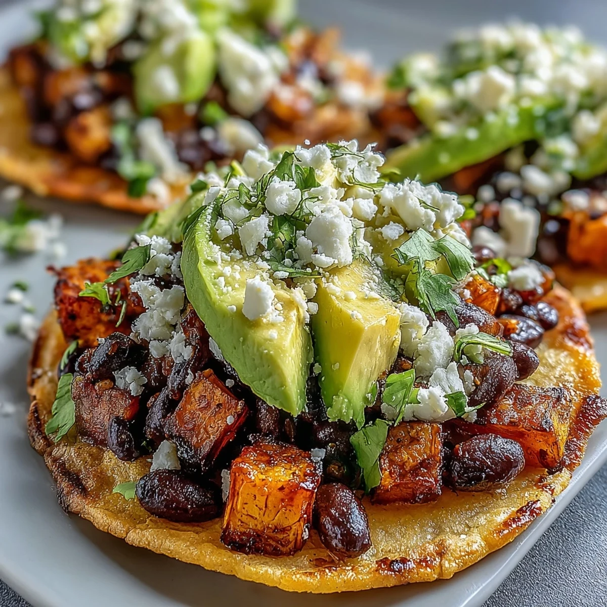 A vibrant platter of Black Bean and Sweet Potato Tostadas garnished with fresh cilantro, lime wedges, and avocado slices.