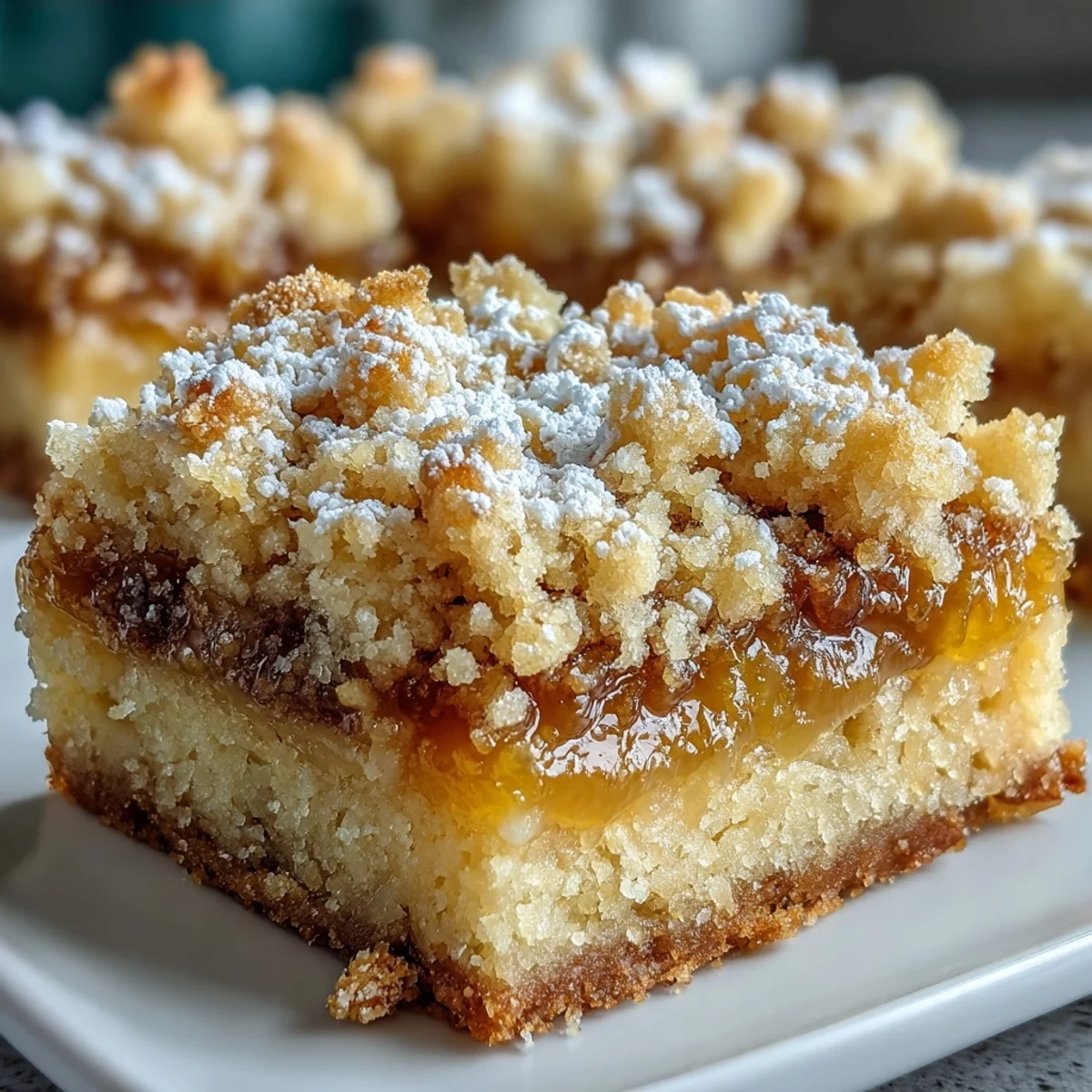 Golden crumb-topped Homemade Lemon Crumb Bars on a plate with a tea towel, showcasing their zesty citrus filling.