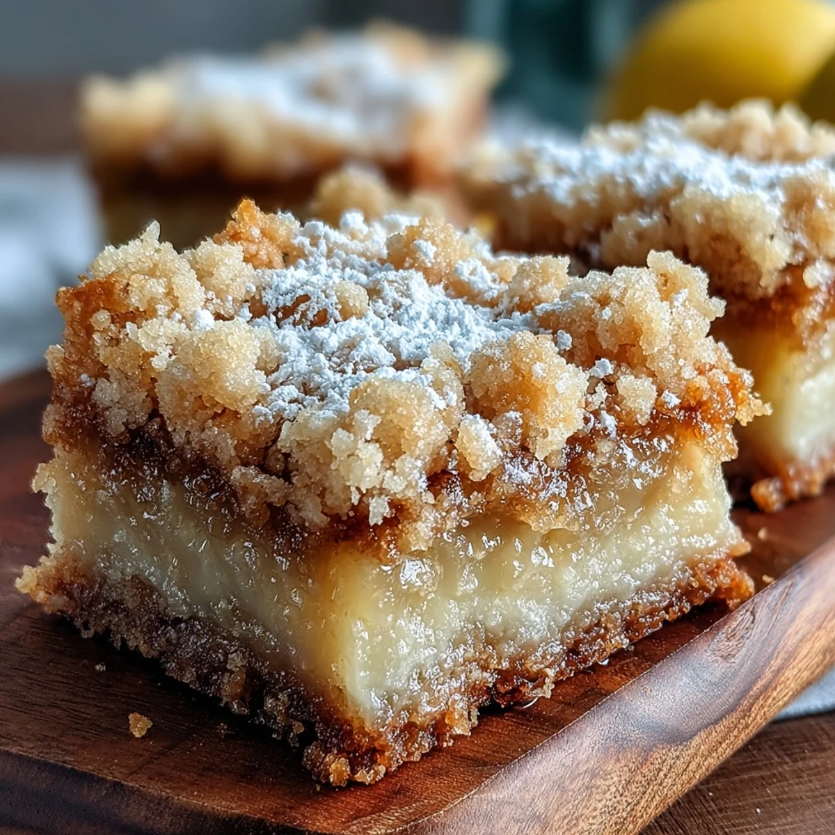 A hand holding a fresh slice of Homemade Lemon Crumb Bars, revealing the tender yellow center and buttery crumble texture.