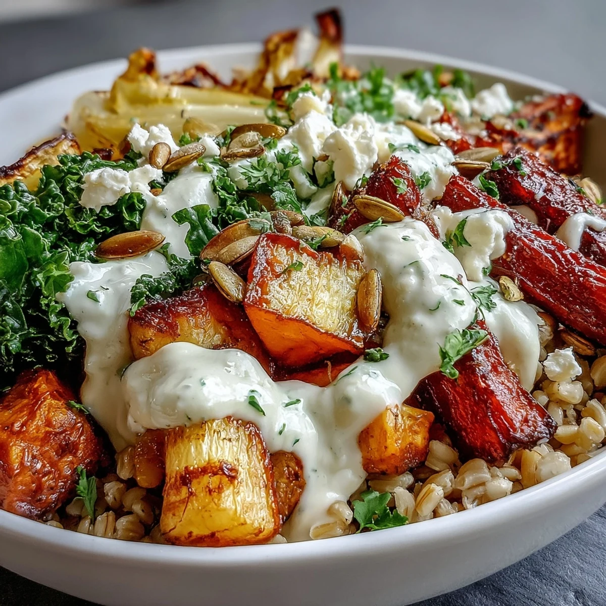Hearty Winter Grain Bowl with golden roasted carrots, parsnips, and sweet potatoes, topped with toasted pumpkin seeds and fresh parsley.