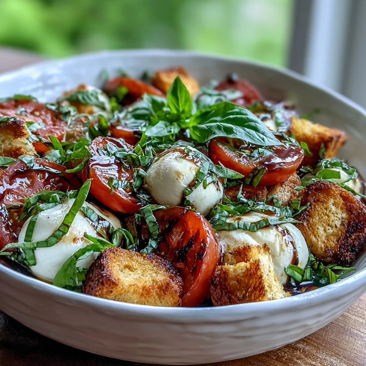 Golden, crispy ciabatta cubes rest atop ripe heirloom tomatoes and fresh mozzarella balls, garnished with fragrant basil leaves for a Caprese Salad Bowl.