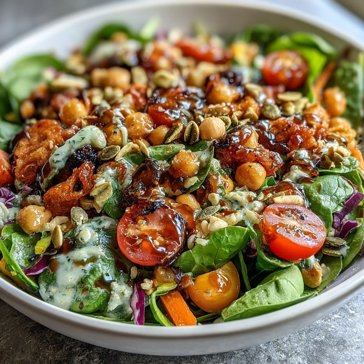 A generous serving of Rainbow Salad Bowl featuring black beans, pumpkin seeds, and sliced cucumber, finished with a lemony dressing and fresh herbs.