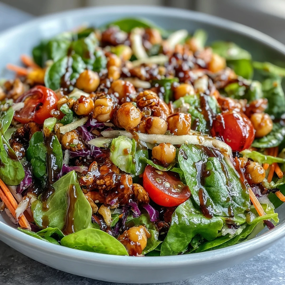Vibrant Rainbow Salad Bowl plated for lunch, with yellow bell pepper, baby spinach, and sunflower seeds, paired with quinoa and a light vinaigrette.