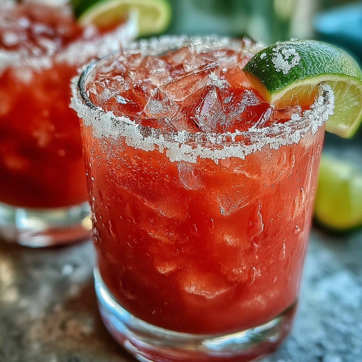 A vibrant pink Guava Margarita is poured over fresh ice, garnished with a lime wheel for a zesty aroma.