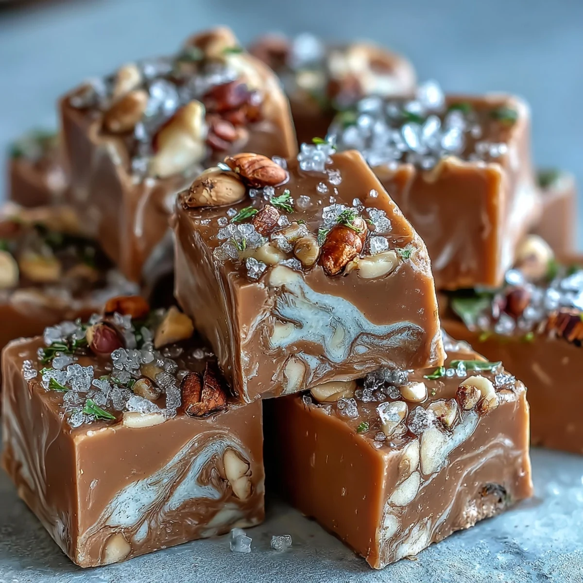 Fudgy Hojicha Nougat pieces dusted with roasted green tea powder, paired with a steaming cup of hojicha tea.