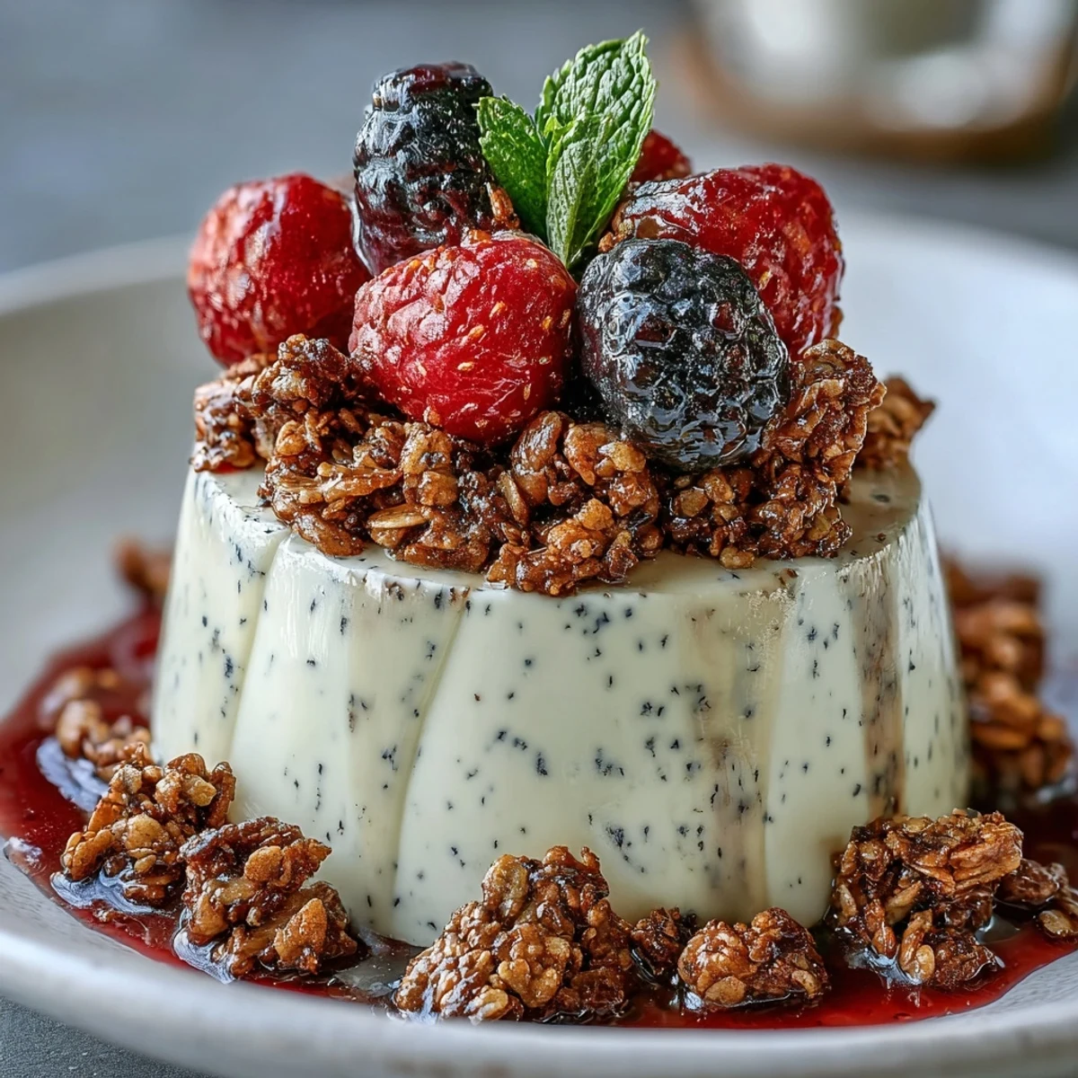 Hojicha Panna Cotta Parfait topped with juicy berries and granola, served chilled for dessert.