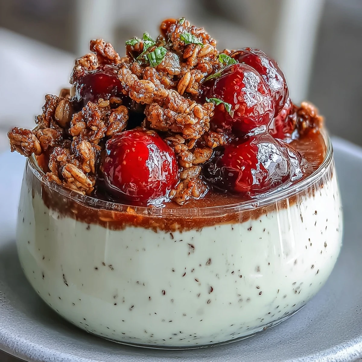 Layers of roasted tea panna cotta, sweet berries, and granola in a Hojicha Panna Cotta Parfait.