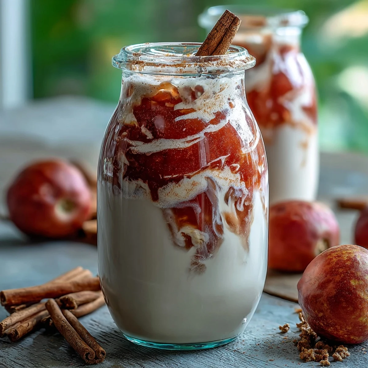 A close-up of creamy Guava Coquito blending coconut milk, rum, and guava marmalade, ready to serve cold.