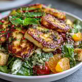 A close-up of the Halloumi Blood Orange Fattoush showcasing crispy sourdough croutons and a vibrant sumac dressing.