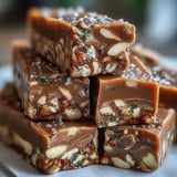 Golden-brown Hojicha Nougat squares studded with chopped almonds and pistachios, showcased on a rustic wooden board.