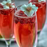 Close-up of Elderflower Guava Mimosa, blending floral elderflower liqueur and tropical guava nectar, topped with crisp champagne.
