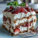 Luscious strawberry no-bake icebox cake, sliced showcasing layered whipped cream and graham crackers.