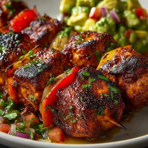 Juicy spiced grilled chicken skewers recipe, fragrant with herbs, served with creamy avocado salsa.