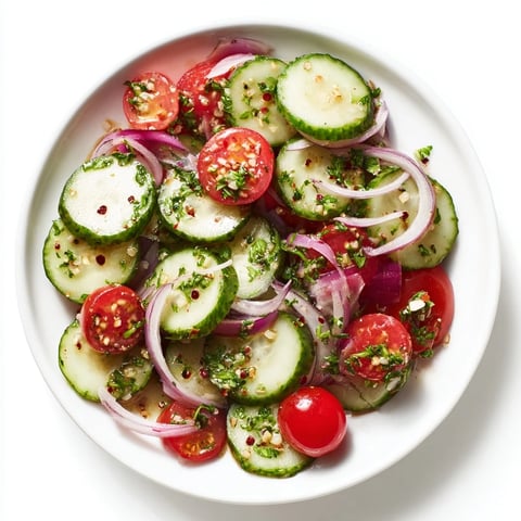 Crisp Marinated Cucumbers, Onions, and Tomatoes tossed in zesty homemade vinaigrette.  