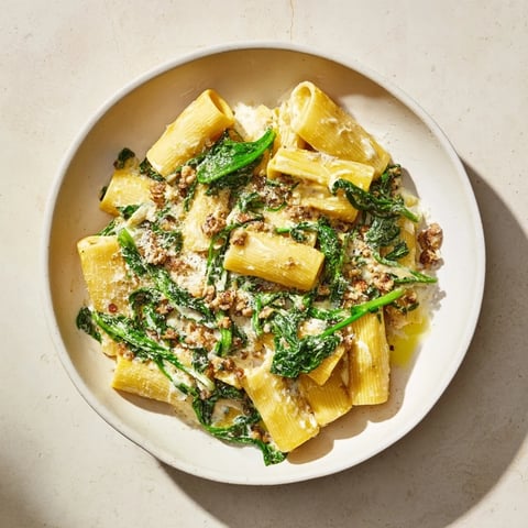 Creamy, golden Whipped Ricotta & Spinach Baked Pasta, bubbling hot fresh from the oven, offering a delightful aroma.
