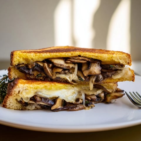Golden, melty Roast Garlic Mushroom & Thyme Grilled Cheese, showcasing crispy bread and oozing cheese.