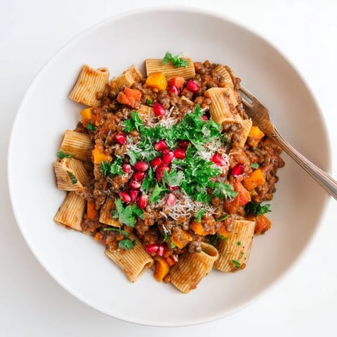 Steaming bowl of High-Fiber Lentil Bolognese pasta with fresh parsley and Parmesan, ready to enjoy.