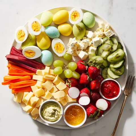Brilliant Easter Egg-cellent Brunch Board with colorful boiled eggs, fresh fruit, and cheeses ready to serve.