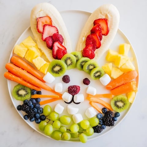 Fresh and fruity Bunny Face Fruit Salad Platter with colorful berries and banana ears, perfect for Easter!