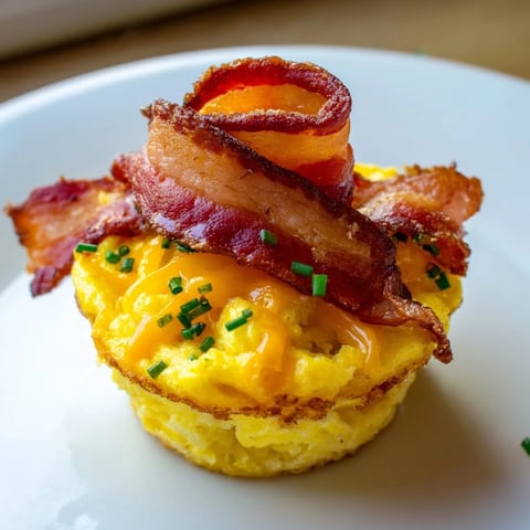 Golden-brown Scrambled Egg Cups with crispy bacon offer a delicious, savory breakfast side.
