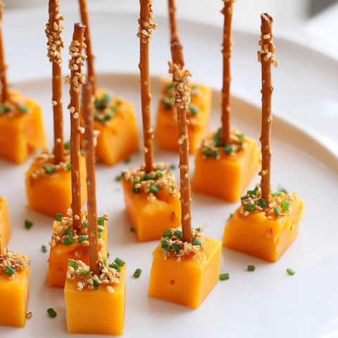 Cheddar cubes on pretzel stick sparklers are a simple and delicious New Year's appetizer.