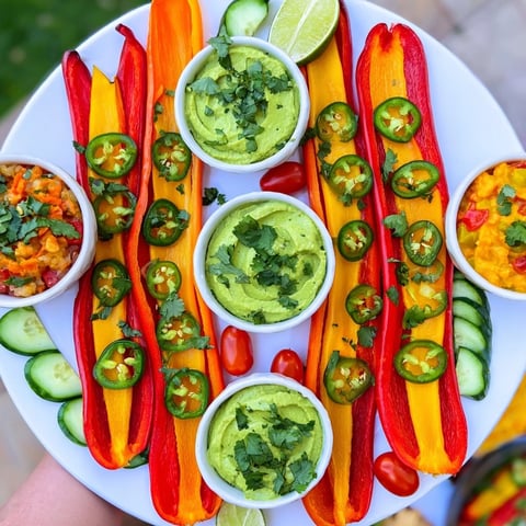 Vibrant Spicy Chili Pepper Fiesta appetizer platter with colorful peppers, dips, chips, and refreshing veggies.