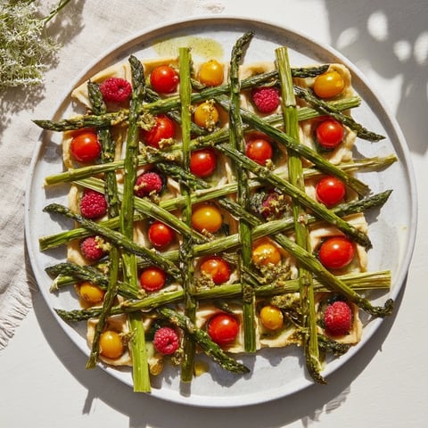 A beautiful Botanical Lattice appetizer with vibrant fruits nestled amidst woven asparagus.