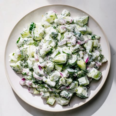 Creamy cucumber Greek yogurt tzatziki salad, vividly showcasing fresh dill and cool, diced cucumbers ready to be enjoyed.