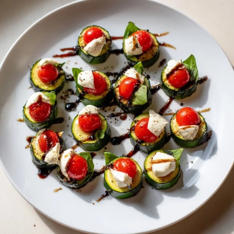 Zucchini Caprese Bites: Baked zucchini rounds topped with mozzarella, tomatoes and basil, perfect appetizer.
