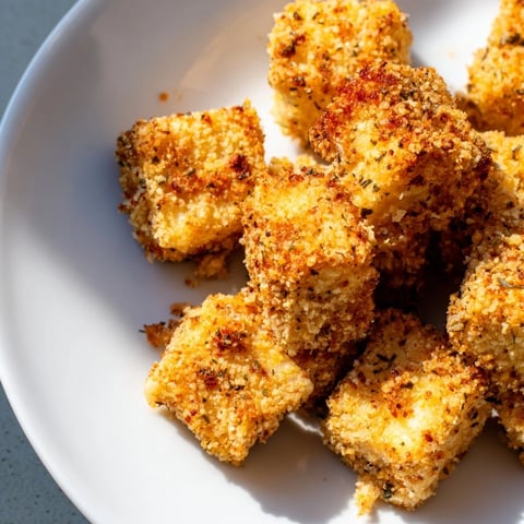 Golden-brown Popcorn Tofu Bites, crispy and packed with savory spices, would be perfect for snacking.