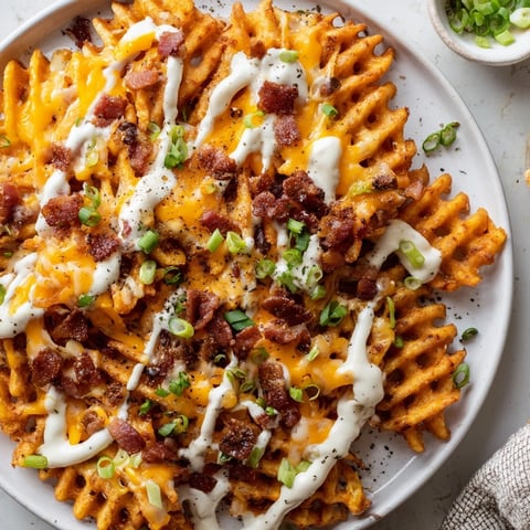 Golden, crispy Loaded Sweet Potato Fries topped with melted cheddar cheese and crumbled bacon.