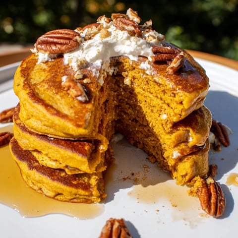 Golden-brown Fluffy Pumpkin Spice Pancakes stacked high, drizzled with sweet maple syrup, irresistible breakfast.